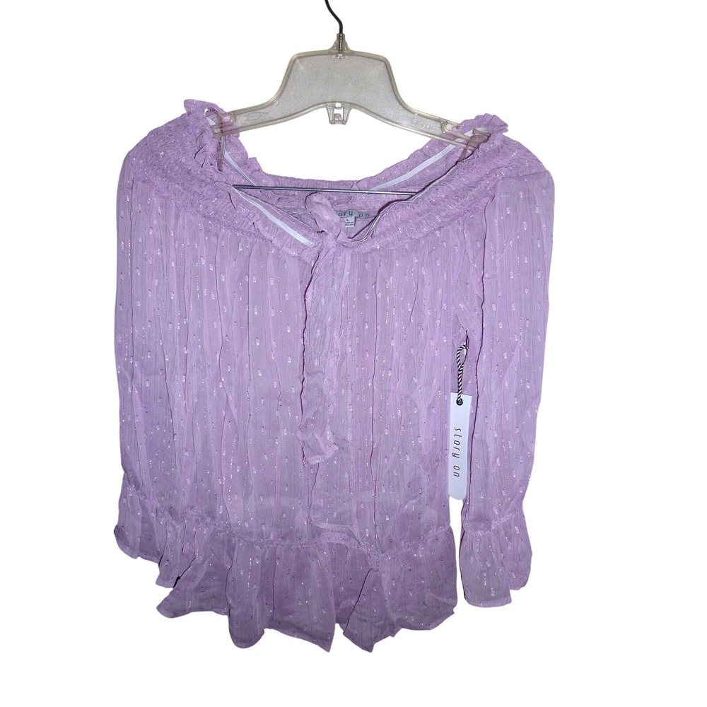 Story On Off The Shoulder Blouse Lilac Sparkle Smocked Neck Ruffle Peplum M‎